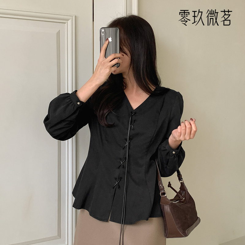 零玖微茗韩版大码2025春季新款宽松柔软系带雪纺衫V领上衣78642