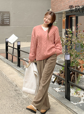 零玖微茗韩版微胖mm休闲大码宽松长裤灯芯绒直筒裤阔腿裤子72666