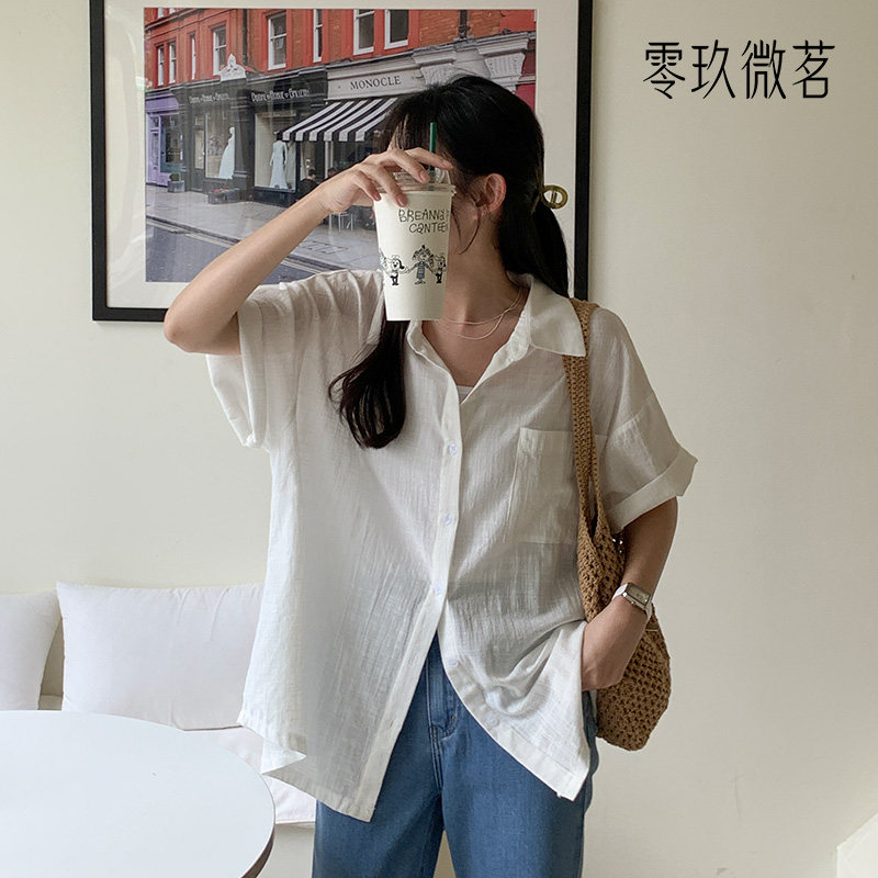 【编辑挑】零玖微茗韩版大码女装夏短袖衬衫宽松舒适微胖MM上衣女大码衬衫