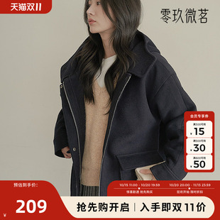 09women韩版加大码保暖柔软气质呢子外套羊毛连帽大衣藏蓝78876