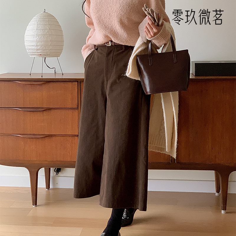 零玖微茗韩版加大码舒适气质灯芯绒阔腿裤松紧腰休闲八分裤79216