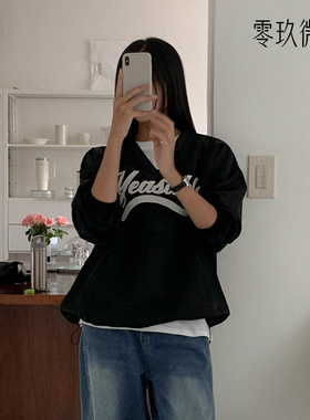 零玖微茗韩版加大码V领休闲字母套头抽绳卫衣宽松显瘦薄上衣78099
