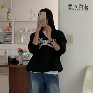 零玖微茗韩版加大码V领休闲字母套头抽绳卫衣宽松显瘦薄上衣78099