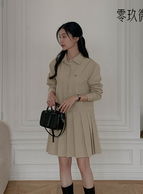 零玖微茗韩版衬衫领长袖连衣裙大码宽松秋女胖mm显瘦棉裙子77728