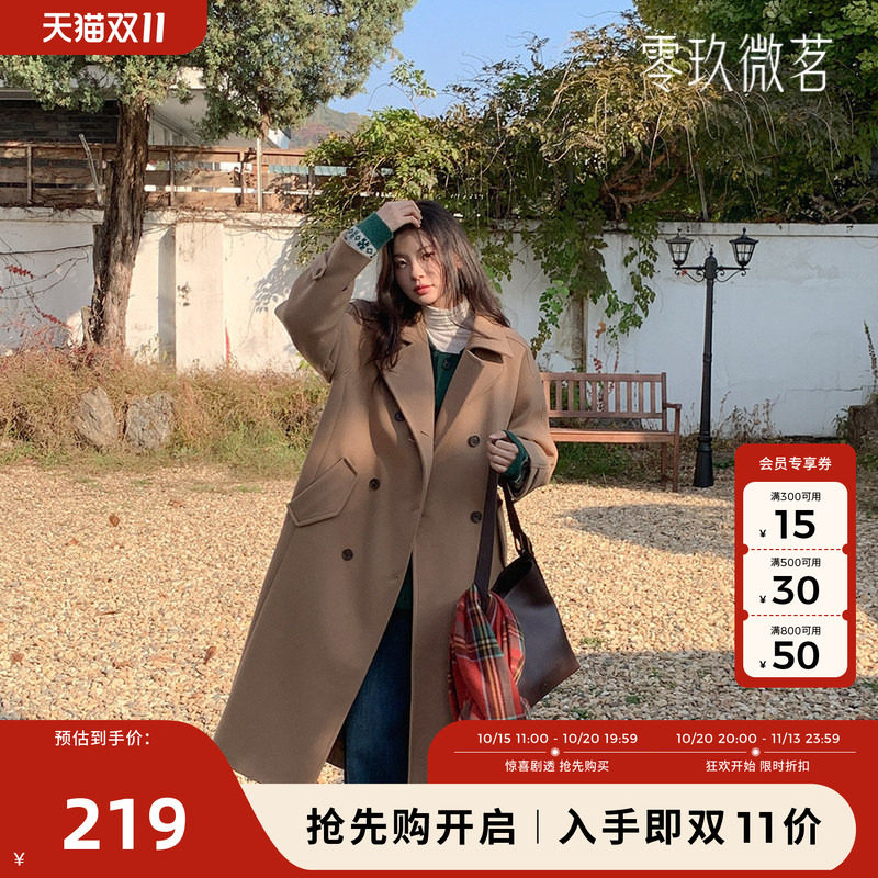09women韩版大码复古英伦风双排扣长款毛呢大衣微胖呢子外套78975