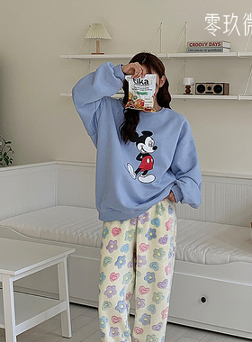 零玖微茗2025韩装秋冬可爱舒适保暖花朵毛绒睡裤大码家居裤79144