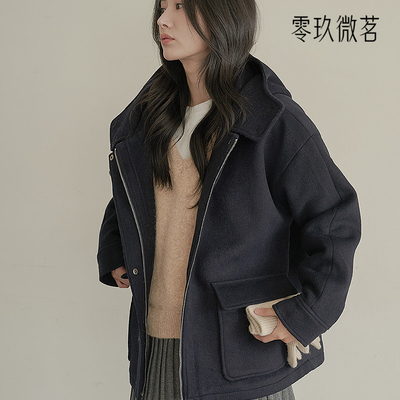 09women韩版加大码保暖柔软气质呢子外套羊毛连帽大衣藏蓝78876