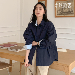 休闲棉质宽松衬衫 09women韩国加大码 蓝色微胖mm显瘦衬衣女80251