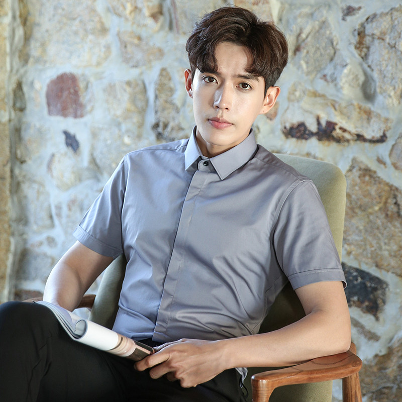 灰色衬衫男潮短袖夏季高级感职业正装商务免烫工装男士休闲衬衣夏