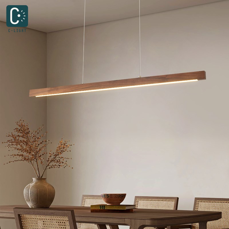 中古风餐厅吊灯简约全光谱一字长条护眼实木黑胡桃木茶室吧台餐桌