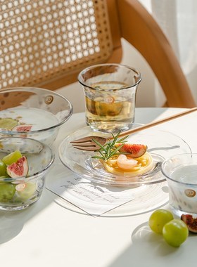 昀/yyun 手工玻璃小碗甜品碗水果沙拉碗透明波点燕麦早餐碗耐高温