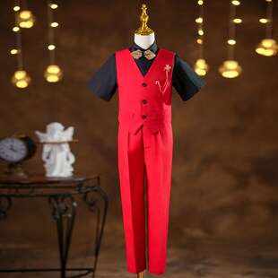 男童礼服高端夏季短袖红色朗诵合唱演讲表演儿童主持人钢琴演出服