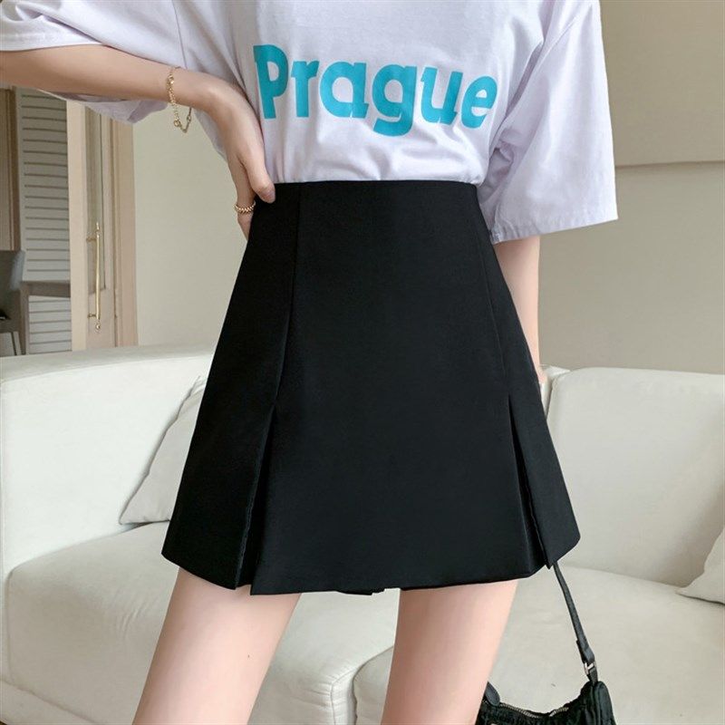 开叉高腰半身裙女夏百搭西装裙裤大码胖mm口袋裤裙黑色a字短裙子