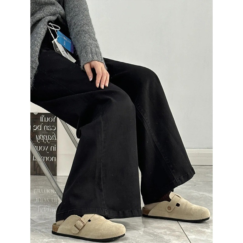 梨形身材加绒裤子女秋冬季大码黑色牛仔裤阔腿宽松不贴腿微喇叭裤