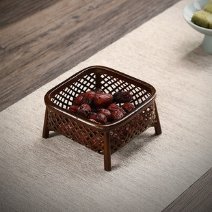 竹编果篮大漆圆口收纳筐零食盒点心篮手工竹编茶盒复古茶点盘竹篓