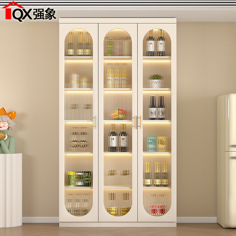 奶油风玻璃门酒柜客厅靠墙展示柜薄款夹缝餐边茶水储物柜定制S31