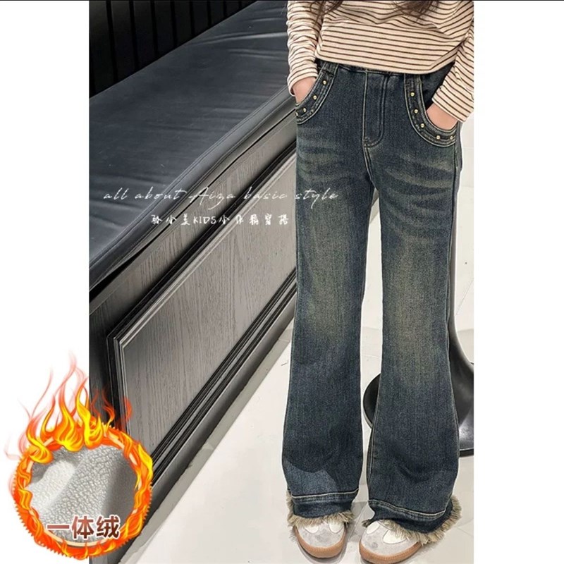 韩国童装女童加绒牛仔裤儿童加厚喇叭裤秋冬装2024新款大童休闲裤