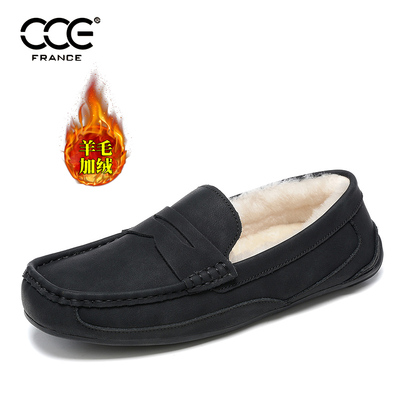 CCE冬季加绒男鞋保暖羊毛一脚蹬豆豆鞋真皮软底休闲乐福鞋6089
