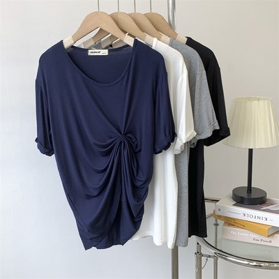 速发T代尔圆领卷边莫恤色款宽松纯薄上衣舞蹈服服瑜伽服