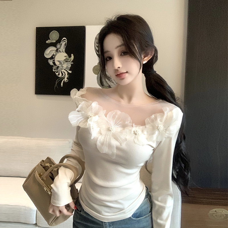 260克人棉蕾丝珍珠花边设计2025春秋修身打底衫女