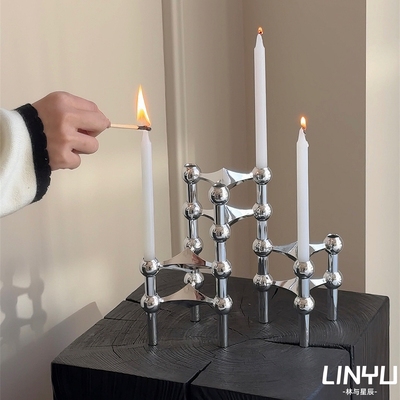 林与/中古设计分子烛台不锈钢覆刻版 简约可堆叠北欧金属装饰摆件