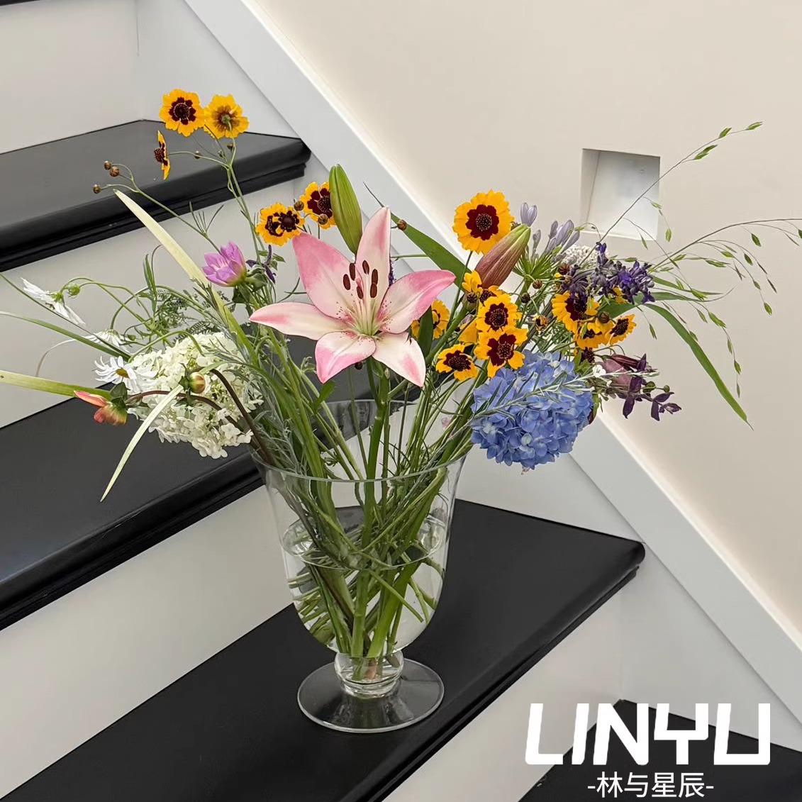 林与/高透玻璃大号花瓶真鲜花家居装饰ins风假花法式中古浪漫摆件