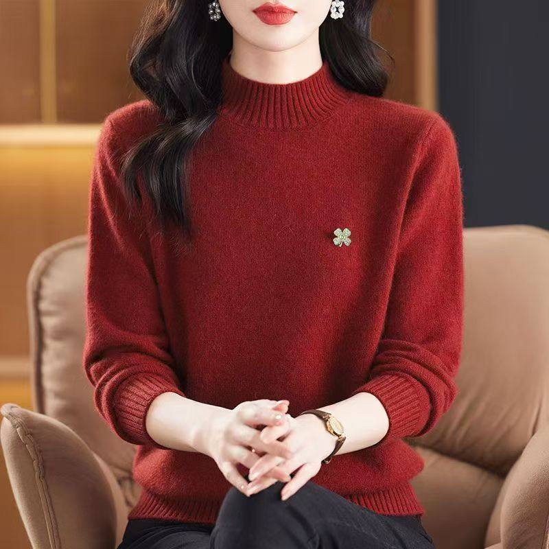 秋冬新款半高领羊毛衫中年女士宽松毛衣显瘦针织衫加厚打底衫正品