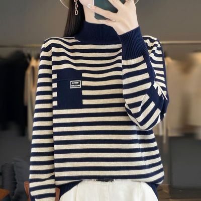 胖mm大码半高领条纹毛衣针织毛衣