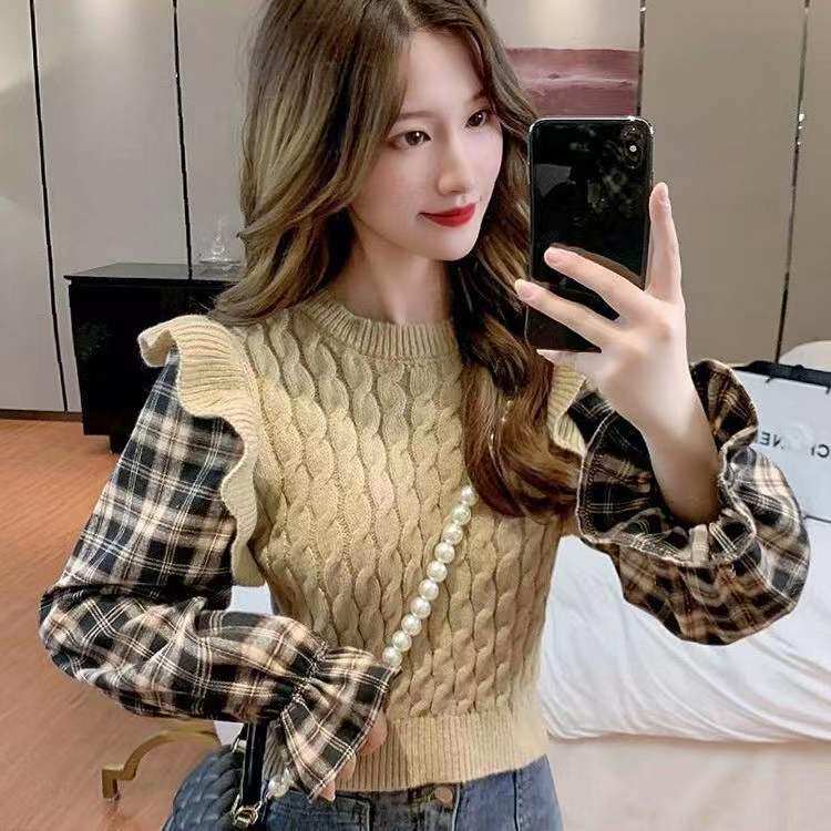 长袖拼接假两件上衣女2025年秋冬新款韩版修身显瘦荷叶边针织小衫