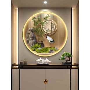 新中式丹顶鹤入户玄关装饰画富贵竹子走廊圆形挂画山水茶室壁画灯