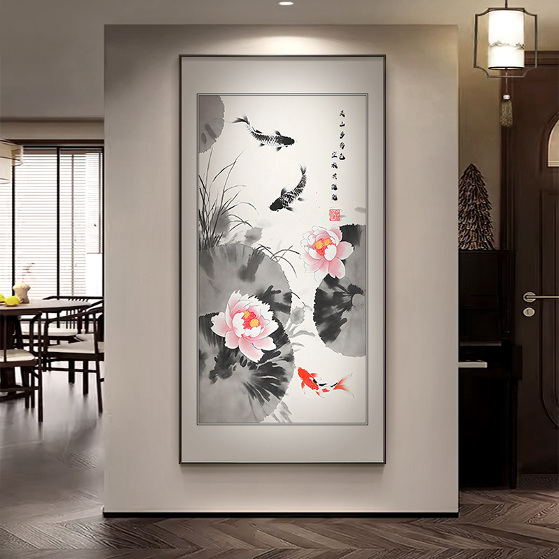 水墨荷花玄关装饰画九鱼图入户正对门新中式禅意挂画楼梯背景墙画图片