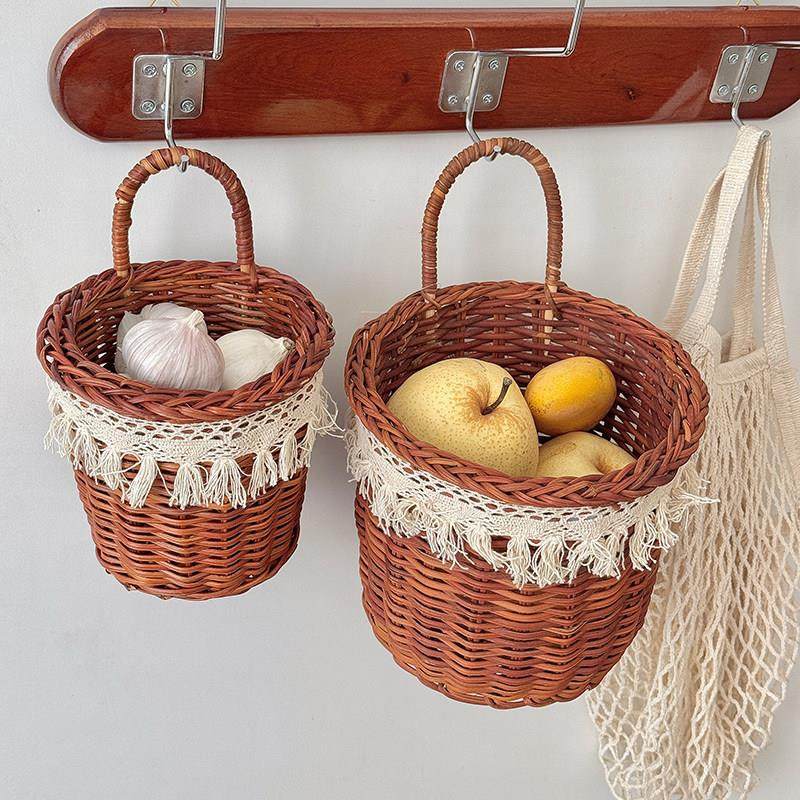 葱姜蒜收纳筐壁挂式流苏编织藤编挂篮水果篮覆古小花篮厨房收纳篮