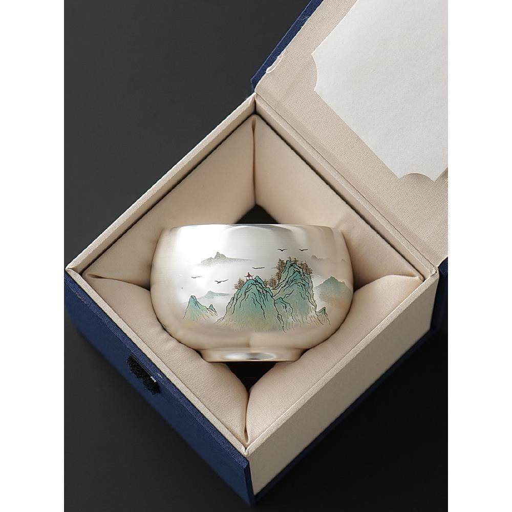 银杯子 999鎏银茶杯家用聚财主人杯品茗单杯中式茶具高档礼盒送礼,餐饮具,茶杯,淘宝优惠券,粉丝福利购,淘宝优惠卷
