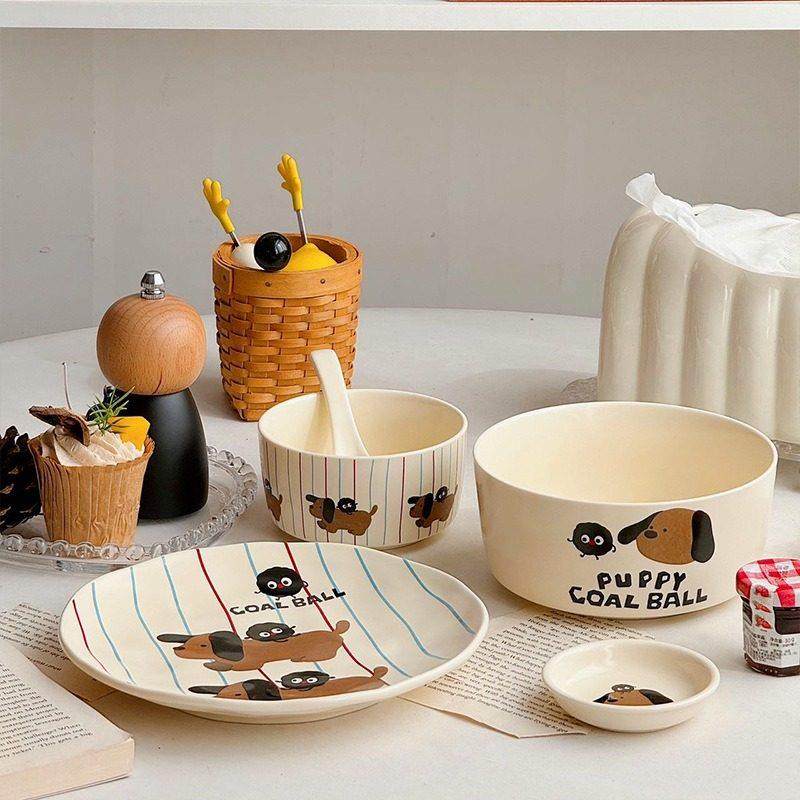 煤球小狗碗碟套装生日礼物家用一人食陶瓷餐具送女生情侣高级礼盒,餐饮具,餐具瓷器套装,淘宝优惠券,粉丝福利购,淘宝优惠卷