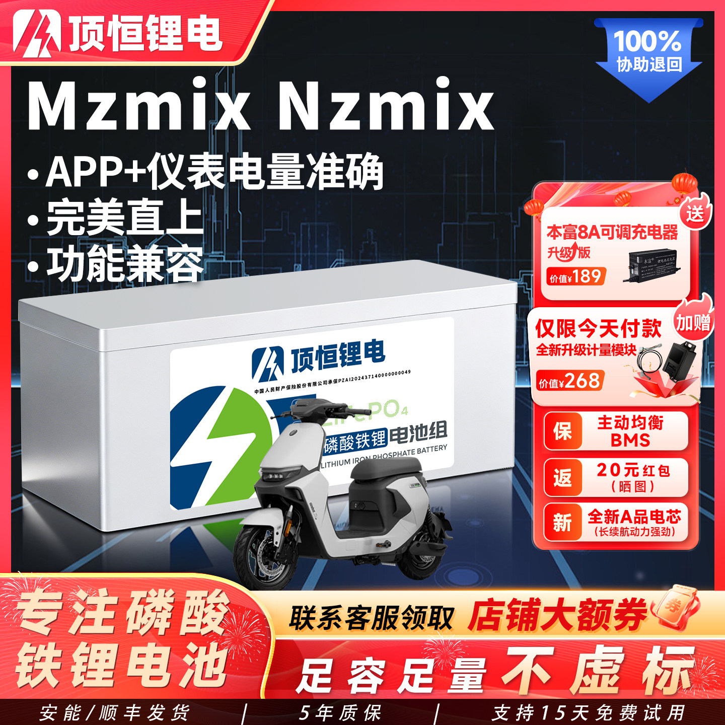 顶恒适用于九号Mzmix电动车Nzmix磷酸铁锂电池专用电摩直上大容量