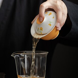 手绘陶瓷盖碗单人女茶盏盖杯家用功夫茶具高端小号三才泡茶碗壶承