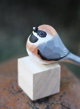 鹿妖商店 肥啾 木雕小鸟 礼物 红头长尾山雀 纯手工 实木桌面摆件