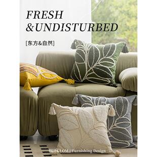 摩洛哥风格棉质帆布枕头现代简约沙发枕头绿色绣花枕头套