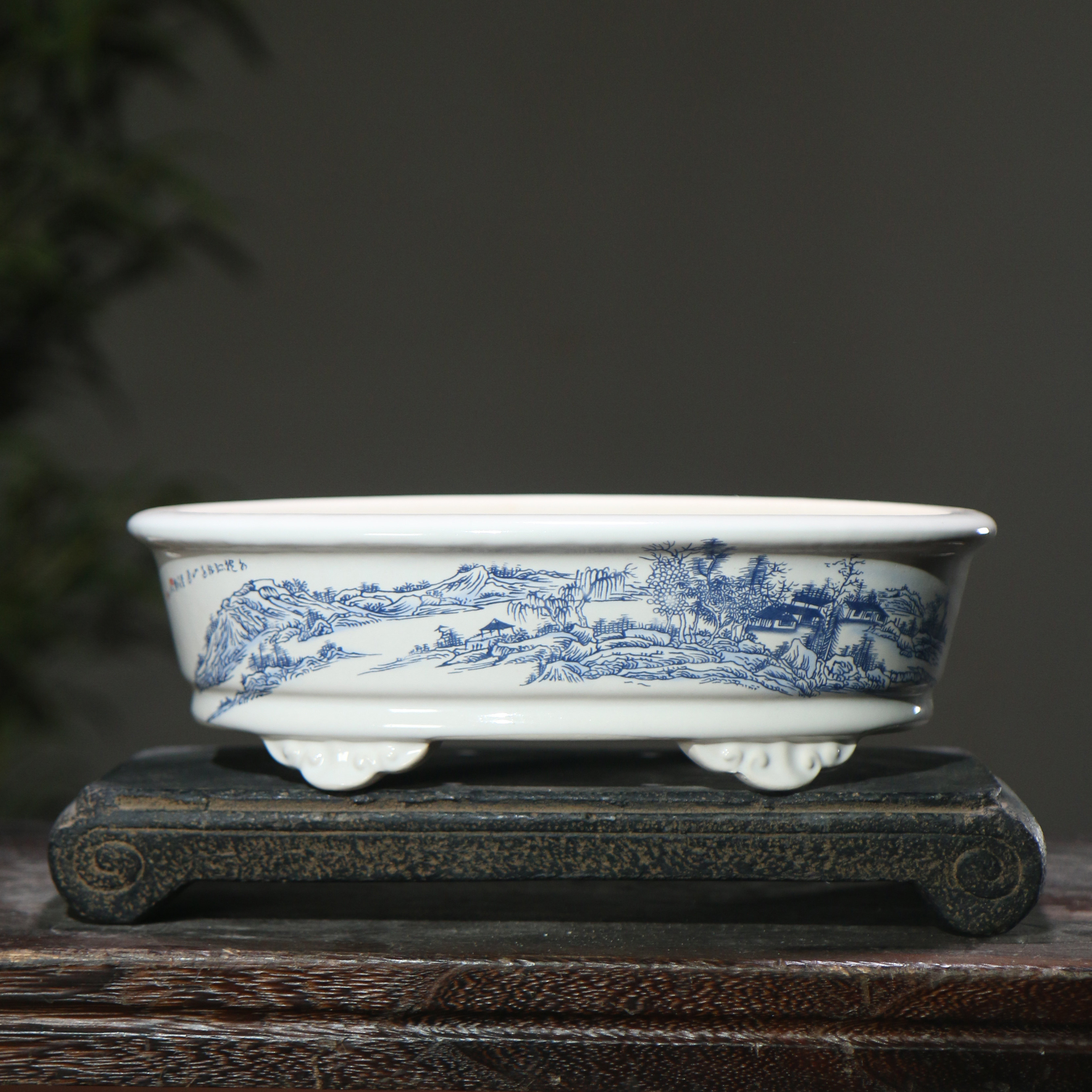 椭圆形青花瓷彩绘手绘手工山水陶瓷盆景盆写意画中国风古典盆栽