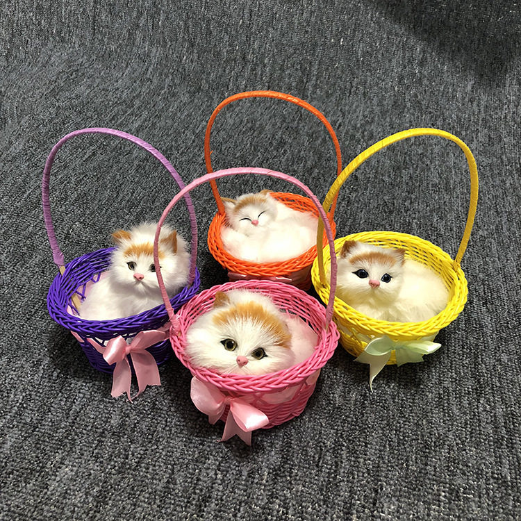 仿真提篮会叫猫咪狗兔子吊篮猫咪桌面摆件饰品生日礼品玩具花篮猫