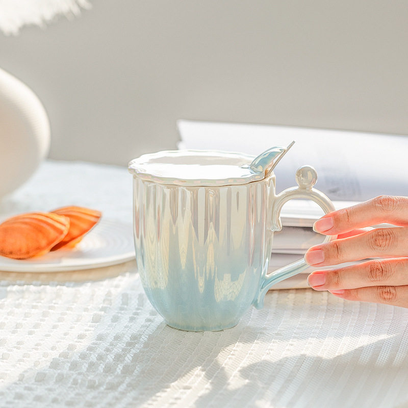 北欧风渐变色陶瓷杯水杯女生马克杯家用杯子带盖高档咖啡杯办公室