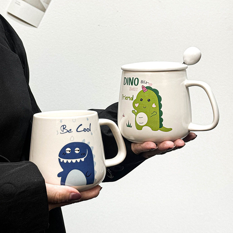 儿童陶瓷杯带盖带勺兔子女可爱喝水杯子早餐咖啡杯马克杯家用个性