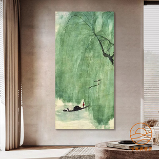 新中式柳树玄关装饰画客厅抽象绿色肌理感一叶扁舟奶油风艺术挂画