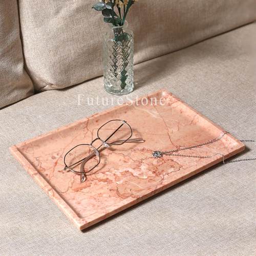 轻奢天然粉色大理石长方托盘浴室乳液瓶置物盘珠宝首饰戒指收纳