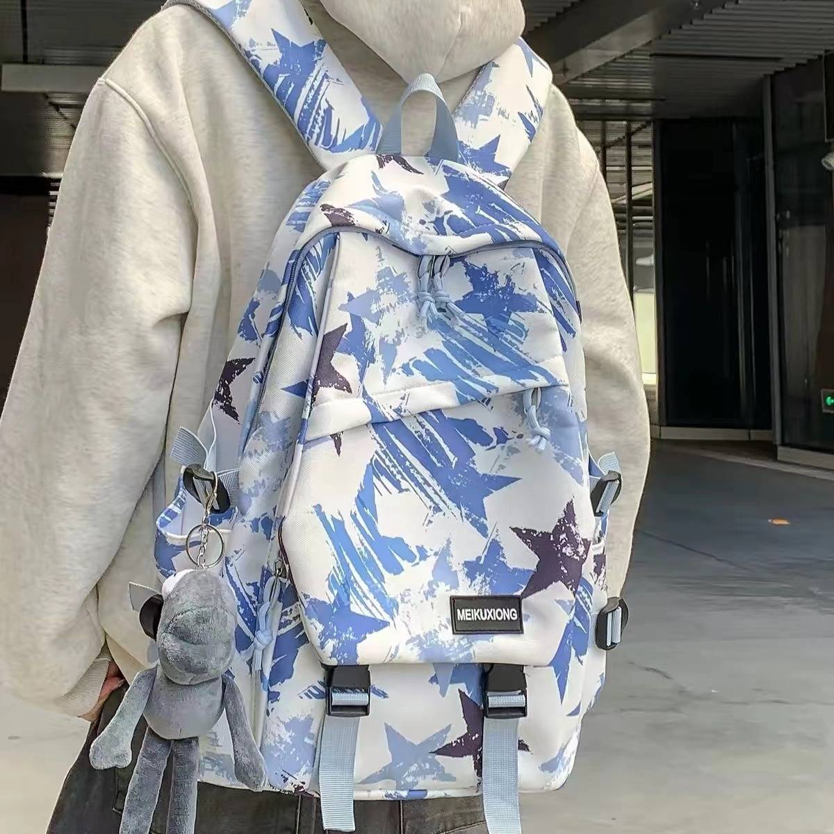 美式街头潮牌双肩包星星涂鸦书包