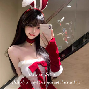 圣诞节穿搭兔女郎cos制服性感红色纯欲辣妹抹胸连衣裙网红款情侣