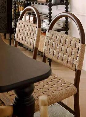 安法式实中古薇薇餐椅绳编木椅子复古客厅家用编sdf54654织靠背休
