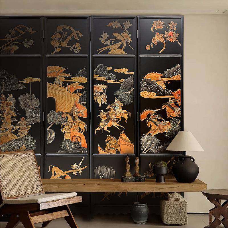 侘卧界GNP手绘画法式中国风中计古屏风客厅隔断实木漆折屏室背景