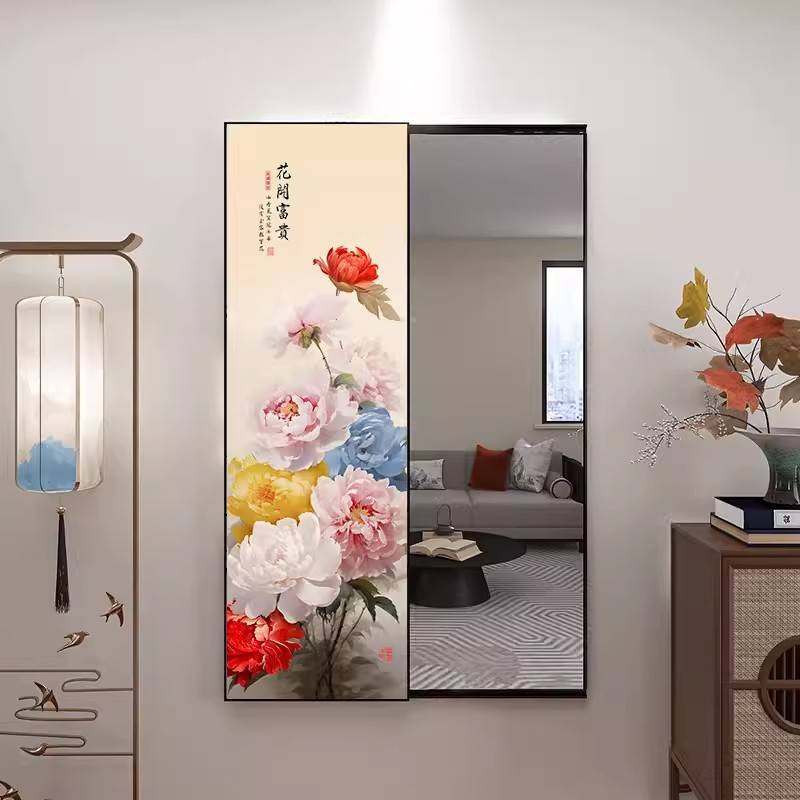 新中式牡丹图玄关花开富贵隐形式全身镜卧室壁画装饰镜挂画镜画图片