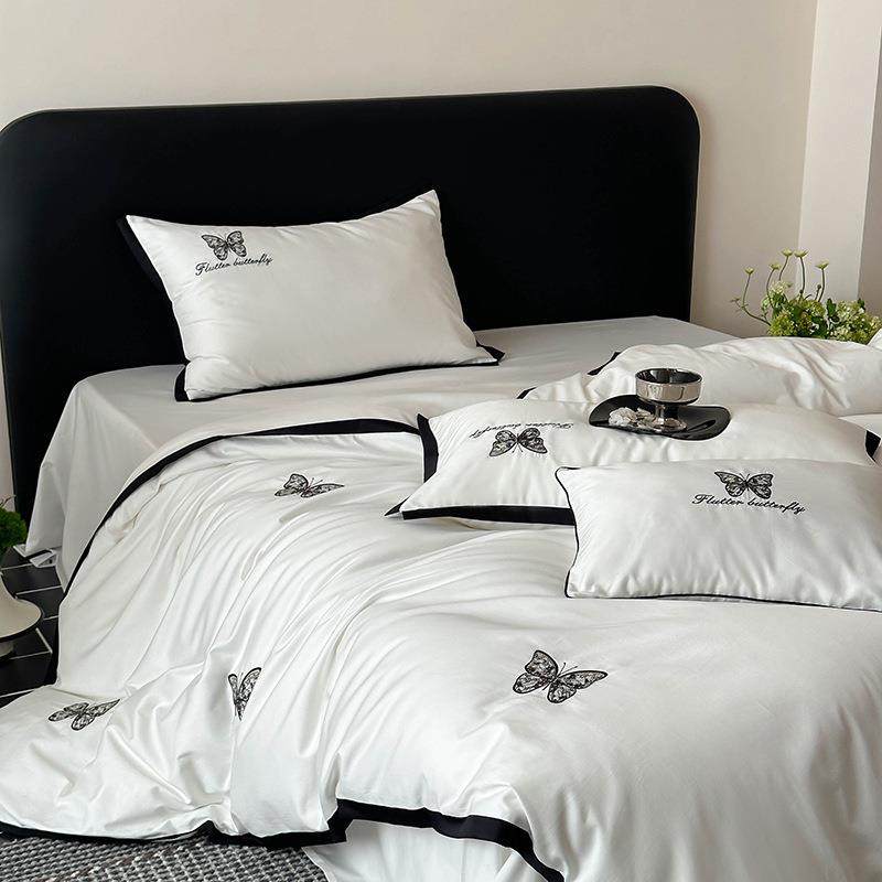 轻奢100支A类全棉床上四棉件套蝶蕾KGK丝蝴绣长绒被套床刺笠款三